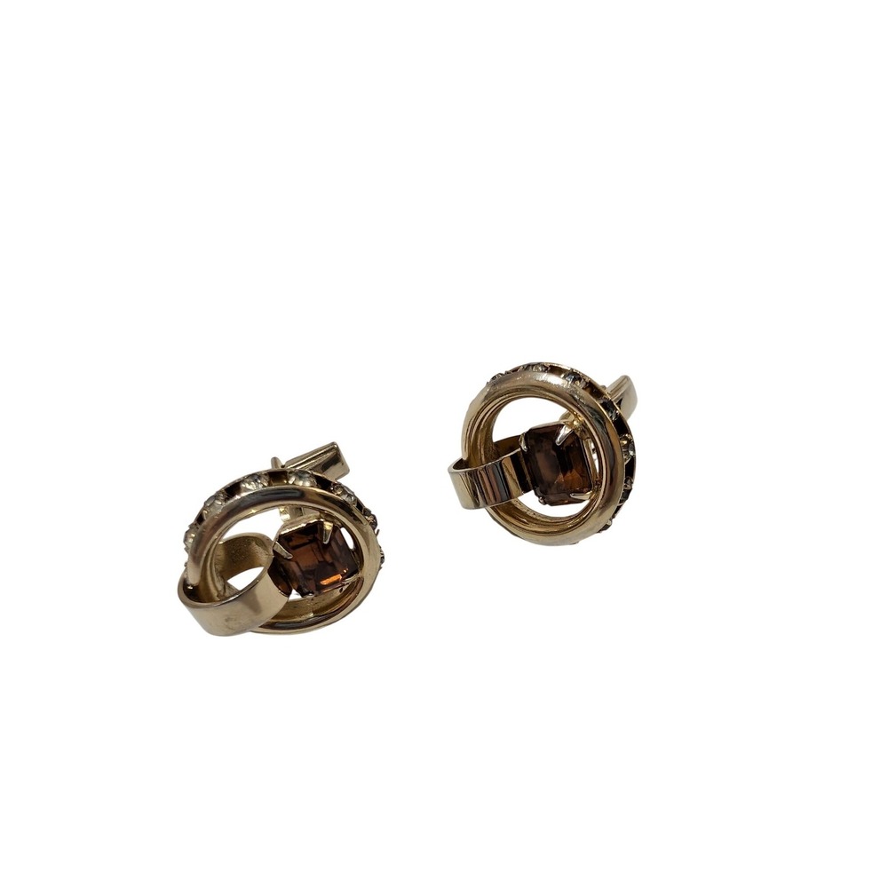 Anson Vintage Gold Tone Smoky Brown Glass Rhinestone Circle Cufflinks